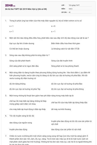 Đề thi thử THPT QG 2019 Môn Vật Lý (Đề số 08)