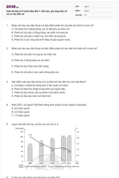 Giải sbt Địa lý 9 Cánh diều Bài 1: Dân tộc, gia tăng dân số và cơ cấu dân số