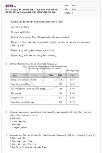 Giải sbt Địa lý 9 Cánh diều Bài 3: Thực hành Phân tích vấn đề việc làm ở địa phương và nhận xét sự phân hóa thu nhập theo vùng