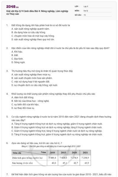 Giải sbt Địa lý 9 Cánh diều Bài 4: Nông nghiệp, Lâm nghiệp và Thủy sản