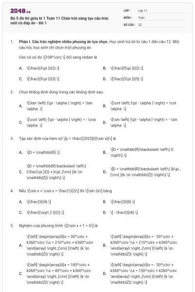Bộ 5 đề thi giữa kì 1 Toán 11 Chân trời sáng tạo cấu trúc mới có đáp án - Đề 1