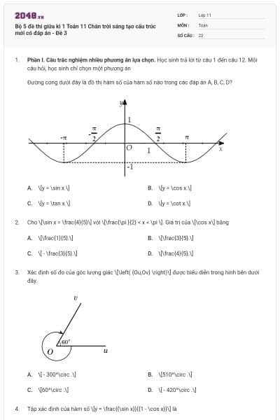 Bộ 5 đề thi giữa kì 1 Toán 11 Chân trời sáng tạo cấu trúc mới có đáp án - Đề 3