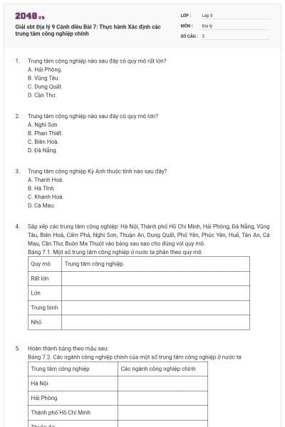 Giải sbt Địa lý 9 Cánh diều Bài 7: Thực hành Xác định các trung tâm công nghiệp chính