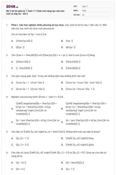 Bộ 5 đề thi giữa kì 1 Toán 11 Chân trời sáng tạo cấu trúc mới có đáp án - Đề 5