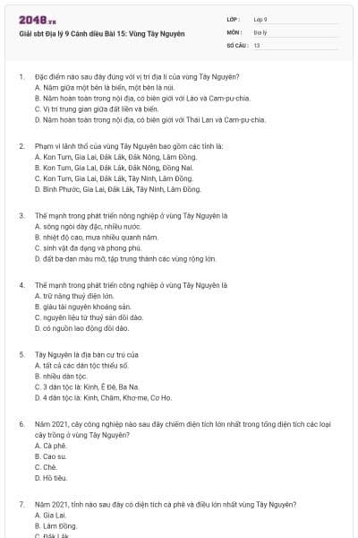 Giải sbt Địa lý 9 Cánh diều Bài 15: Vùng Tây Nguyên