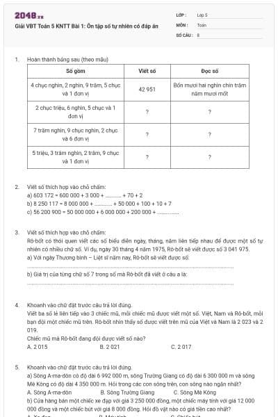 Giải VBT Toán 5 KNTT Bài 1: Ôn tập số tự nhiên có đáp án