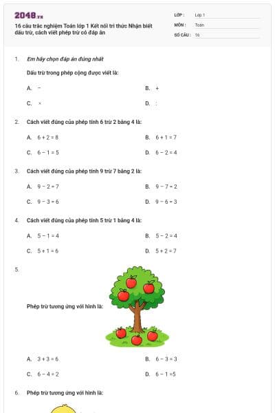 16 câu trắc nghiệm Toán lớp 1 Kết nối tri thức Nhận biết dấu trừ, cách viết phép trừ có đáp án