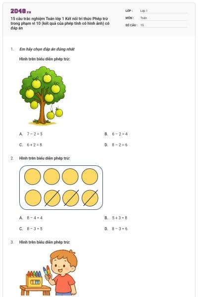 15 câu trắc nghiệm Toán lớp 1 Kết nối tri thức Phép trừ trong phạm vi 10 (kết quả của phép tính có hình ảnh) có đáp án