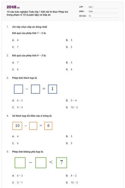15 câu trắc nghiệm Toán lớp 1 Kết nối tri thức Phép trừ trong phạm vi 10 (Luyện tập) có đáp án
