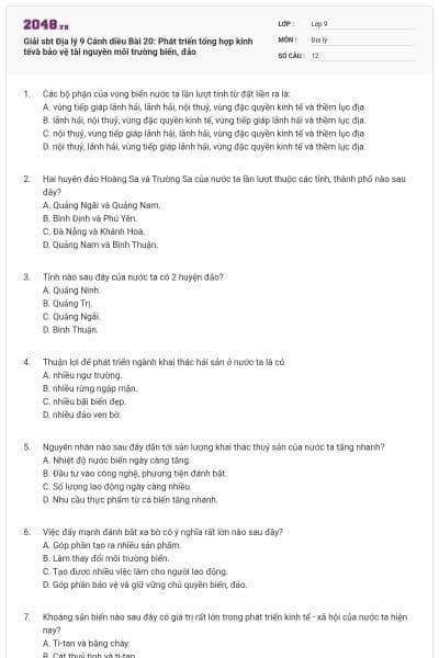 Giải sbt Địa lý 9 Cánh diều Bài 20: Phát triển tổng hợp kinh tếvà bảo vệ tài nguyên môi trường biển, đảo