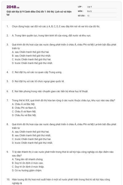 Giải sbt Địa lý 9 Cánh diều Chủ đề 1: Đô thị: Lịch sử và hiện tại