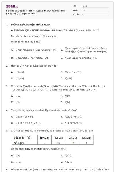 Bộ 5 đề thi Cuối kì 1 Toán 11 Kết nối tri thức cấu trúc mới (có tự luận) có đáp án - Đề 2