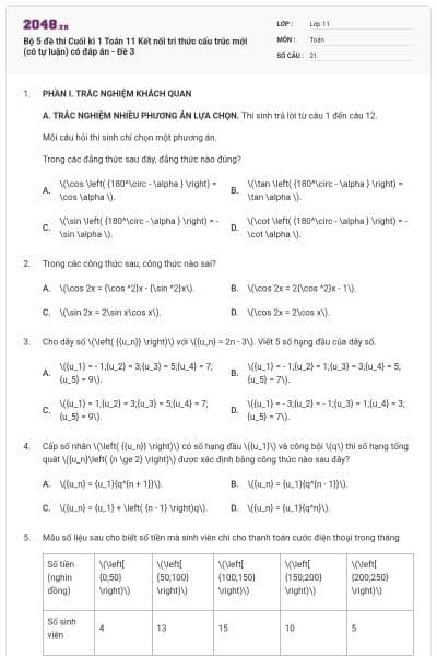 Bộ 5 đề thi Cuối kì 1 Toán 11 Kết nối tri thức cấu trúc mới (có tự luận) có đáp án - Đề 3