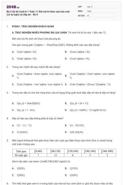 Bộ 5 đề thi Cuối kì 1 Toán 11 Kết nối tri thức cấu trúc mới (có tự luận) có đáp án - Đề 5