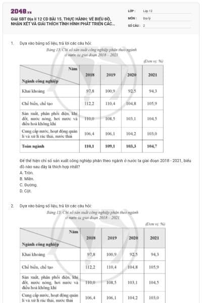 Giải SBT Địa lí 12 CD BÀI 15. THỰC HÀNH: VẼ BIỂU ĐỒ, NHẬN XÉT VÀ GIẢI THÍCH TÌNH HÌNH PHÁT TRIỂN CÁC NGÀNH CÔNG NGHIỆP Ở NƯỚC TA có đáp án