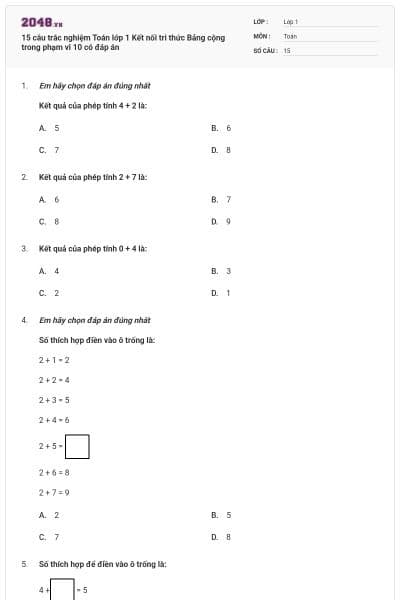 15 câu trắc nghiệm Toán lớp 1 Kết nối tri thức Bảng cộng trong phạm vi 10 có đáp án
