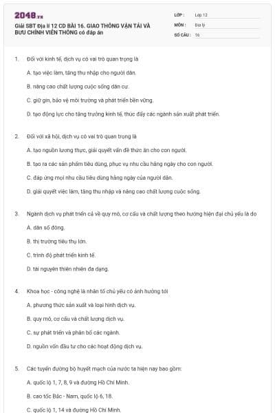 Giải SBT Địa lí 12 CD BÀI 16. GIAO THÔNG VẬN TẢI VÀ BƯU CHÍNH VIỄN THÔNG có đáp án