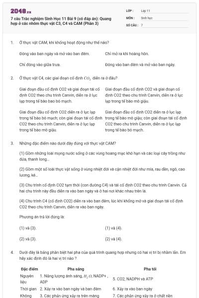 7 câu  Trắc nghiệm Sinh Học 11 Bài 9 (có đáp án): Quang hợp ở các nhóm thực vật C3, C4 và CAM (Phần 3)