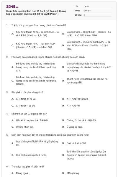 8 câu  Trắc nghiệm Sinh Học 11 Bài 9 (có đáp án): Quang hợp ở các nhóm thực vật C3, C4 và CAM (Phần 1)