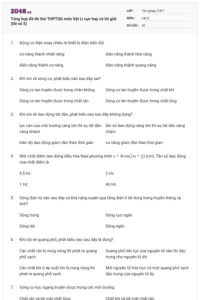 Tổng hợp đề thi thử THPTQG môn Vật Lí cực hay có lời giải (Đề số 5)