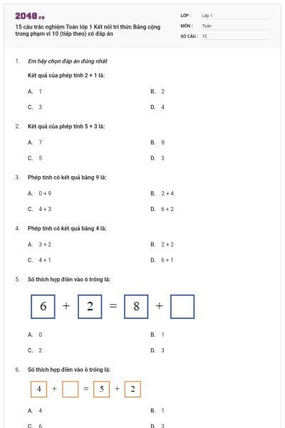 15 câu trắc nghiệm Toán lớp 1 Kết nối tri thức Bảng cộng trong phạm vi 10 (tiếp theo) có đáp án