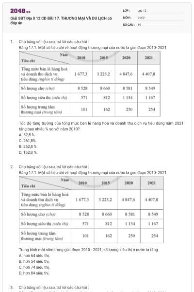 Giải SBT Địa lí 12 CD BÀI 17. THƯƠNG MẠI VÀ DU LỊCH có đáp án
