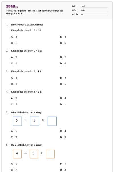 15 câu trắc nghiệm Toán lớp 1 Kết nối tri thức Luyện tập chung có đáp án