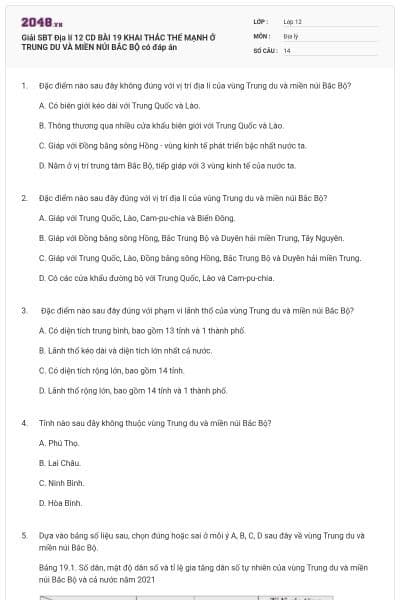 Giải SBT Địa lí 12 CD BÀI 19 KHAI THÁC THẾ MẠNH Ở TRUNG DU VÀ MIỀN NÚI BẮC BỘ có đáp án