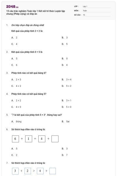 15 câu trắc nghiệm Toán lớp 1 Kết nối tri thức Luyện tập chung (Phép cộng) có đáp án