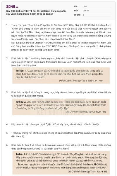 Giải SGK Lịch sử 9 KNTT Bài 13: Việt Nam trong năm đầu sau Cách mạng tháng 8 năm 1945 có đáp án