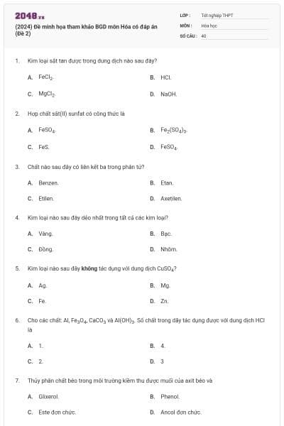 (2024) Đề minh họa tham khảo BGD môn Hóa có đáp án (Đề 2)