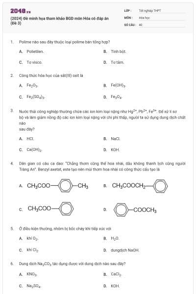 (2024) Đề minh họa tham khảo BGD môn Hóa có đáp án (Đề 3)