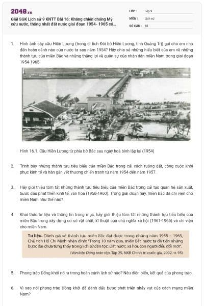 Giải SGK Lịch sử 9 KNTT Bài 16: Kháng chiến chống Mỹ cứu nước, thống nhất đất nước giai đoạn 1954- 1965 có đáp án