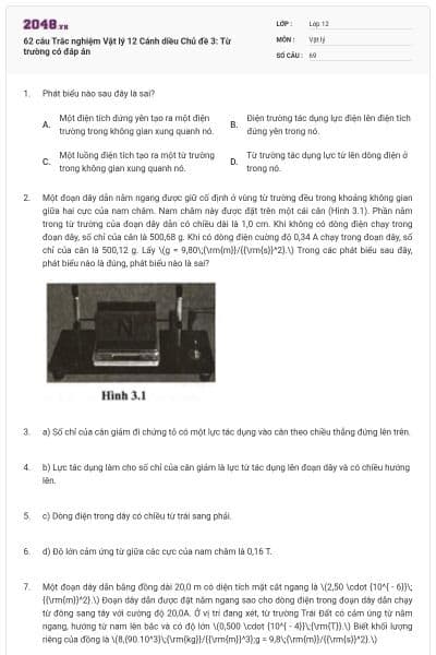 62 câu Trắc nghiệm Vật lý 12 Cánh diều Chủ đề 3: Từ trường có đáp án