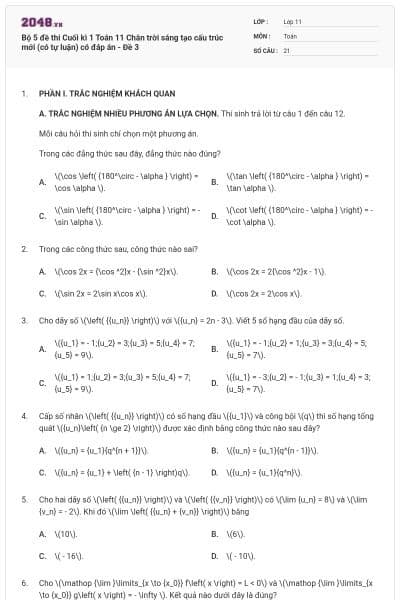 Bộ 5 đề thi Cuối kì 1 Toán 11 Chân trời sáng tạo cấu trúc mới (có tự luận) có đáp án - Đề 3