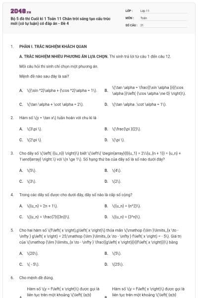 Bộ 5 đề thi Cuối kì 1 Toán 11 Chân trời sáng tạo cấu trúc mới (có tự luận) có đáp án - Đề 4