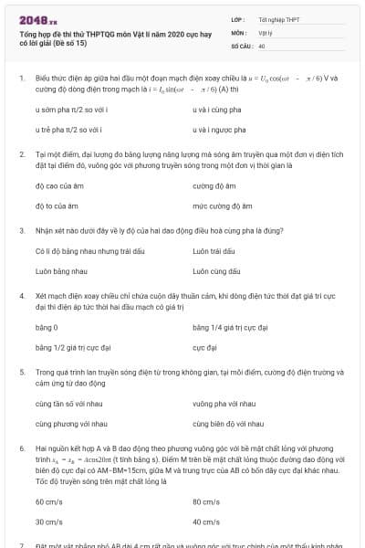 Tổng hợp đề thi thử THPTQG môn Vật lí năm 2020 cực hay có lời giải (Đề số 15)