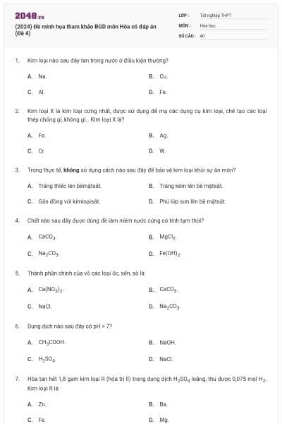 (2024) Đề minh họa tham khảo BGD môn Hóa có đáp án (Đề 4)