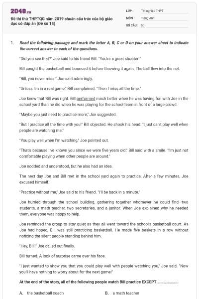 Đề thi thử THPTQG năm 2019 chuẩn cấu trúc của bộ giáo dục có đáp án (Đề số 18)