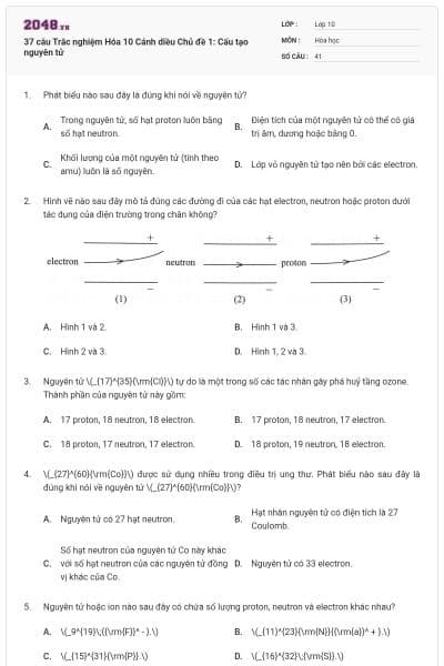 37 câu Trắc nghiệm Hóa 10 Cánh diều Chủ đề 1: Cấu tạo nguyên tử