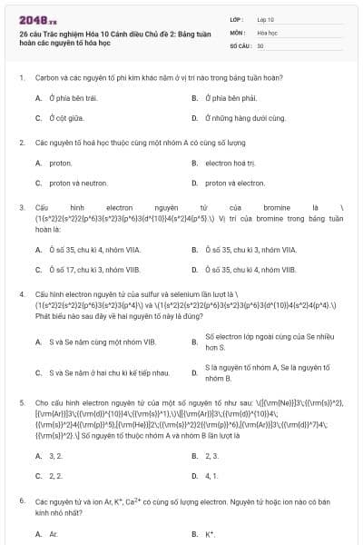 26 câu Trắc nghiệm Hóa 10 Cánh diều Chủ đề 2: Bảng tuần hoàn các nguyên tố hóa học