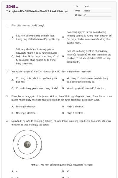 Trắc nghiệm Hóa 10 Cánh diều Chủ đề 3: Liên kết hóa học