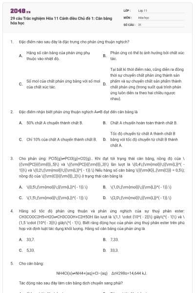 29 câu Trắc nghiệm Hóa 11 Cánh diều Chủ đề 1: Cân bằng hóa học