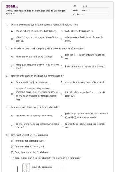 30 câu Trắc nghiệm Hóa 11 Cánh diều Chủ đề 2: Nitrogen và Sulfur
