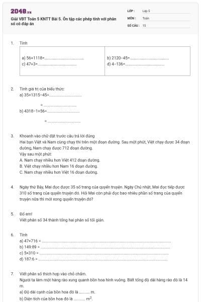 Giải VBT Toán 5 KNTT Bài 5. Ôn tập các phép tính với phân số có đáp án