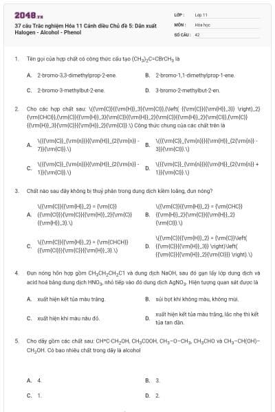 37 câu Trắc nghiệm Hóa 11 Cánh diều Chủ đề 5: Dẫn xuất Halogen - Alcohol - Phenol