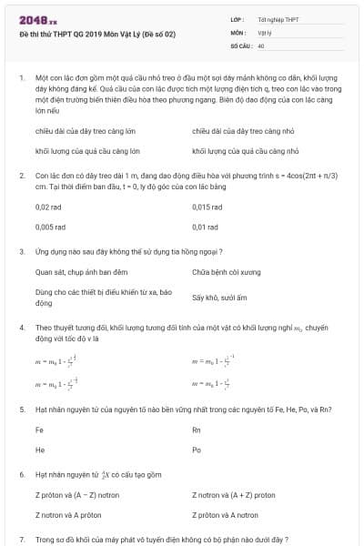 Đề thi thử THPT QG 2019 Môn Vật Lý (Đề số 02)