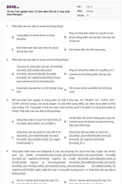 18 câu Trắc nghiệm Hóa 12 Cánh diều Chủ đề 3: Hợp chất chứa Nitrogen