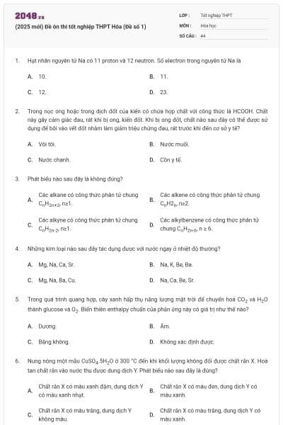 (2025 mới) Đề ôn thi tốt nghiệp THPT Hóa (Đề số 1)