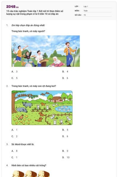 15 câu trắc nghiệm Toán lớp 1 Kết nối tri thức Đếm số lượng sự vật trong phạm vi từ 0 đến 10 có đáp án